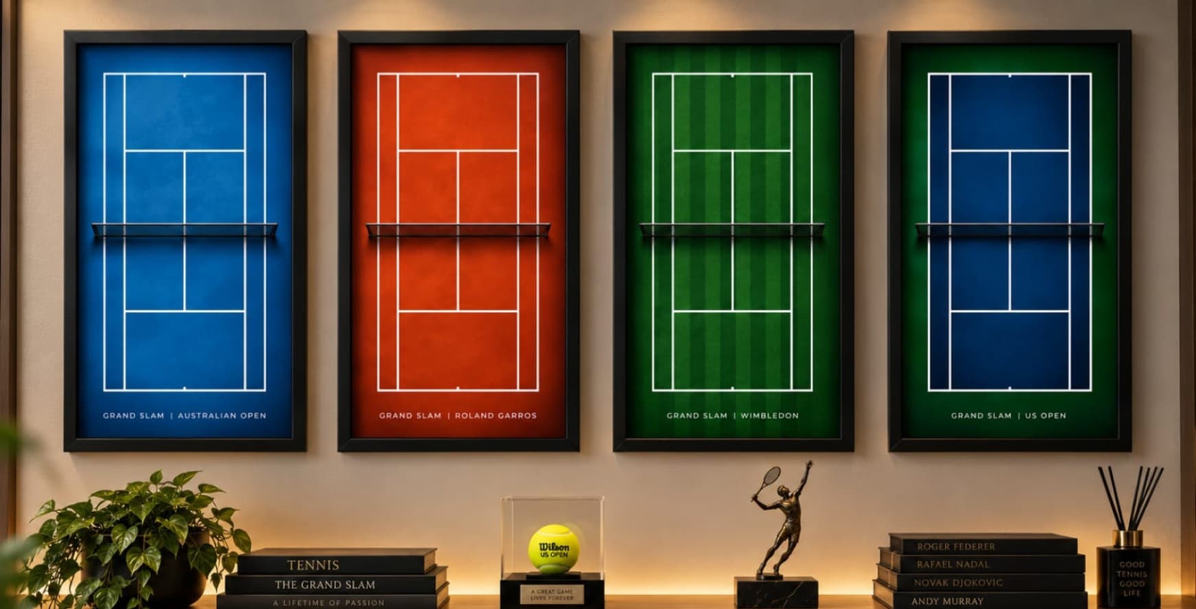 Coleção Grand Slam Art emoldurada na parede